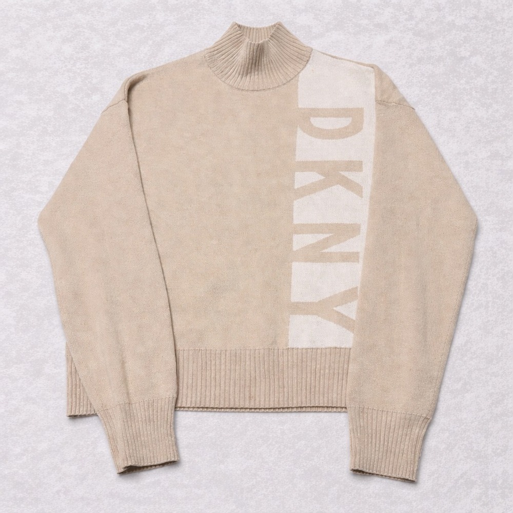 DKNY Tan Mock Neck Logo Knit Sweater Womens Small
